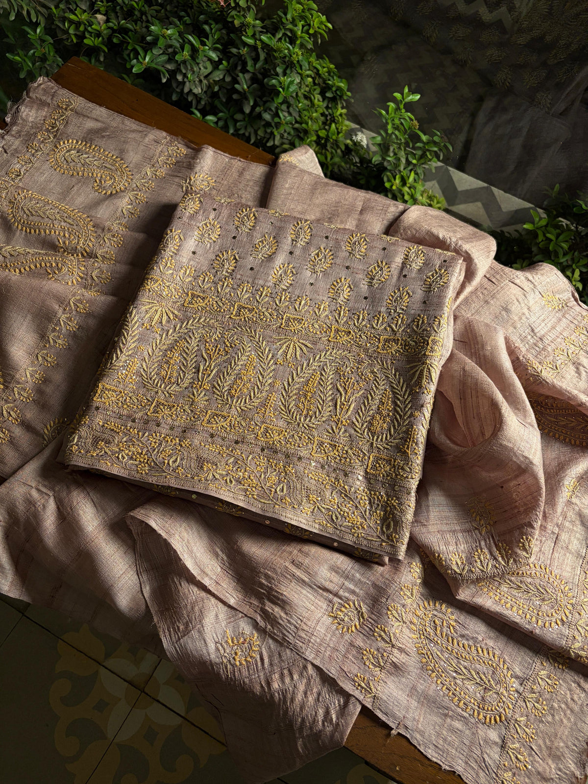 Beige Shade Roheen Tussar Silk Chikankari Fabric