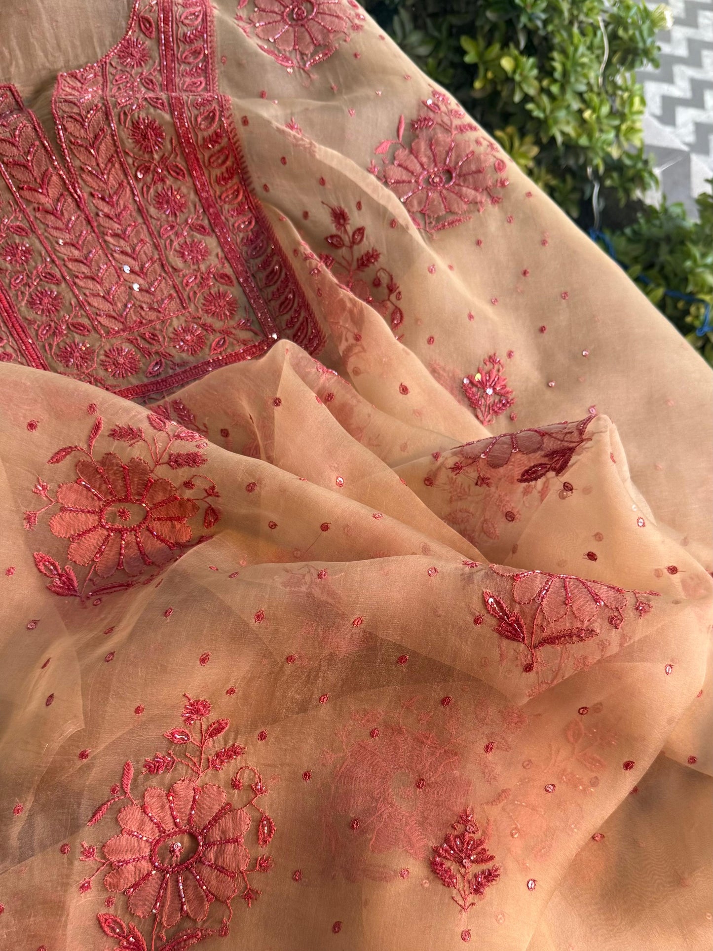 Beige Red Noor Organza Silk Chikankari Unstitched Kurta Dupatta Set