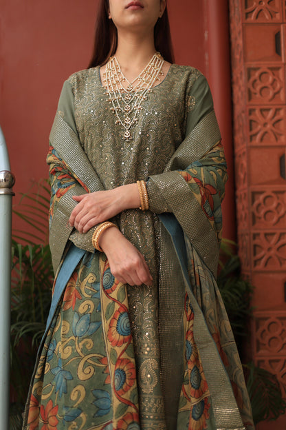 Mehndi Green Chikankari Pure Georgette Kurta Gharara Set with Kalamkari Dupatta