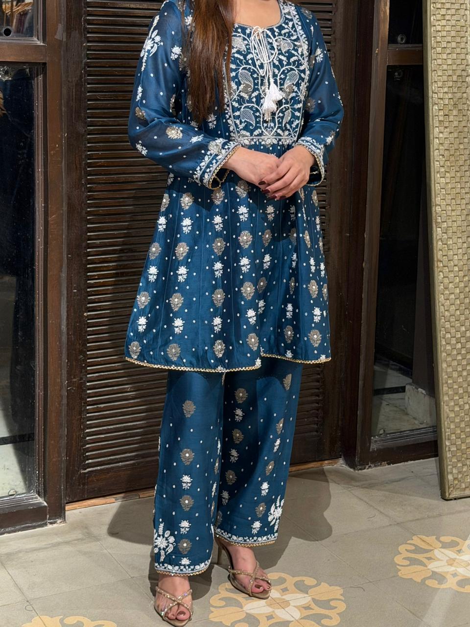 Navy Blue Zari Chanderi Chikankari Co-Ord Set