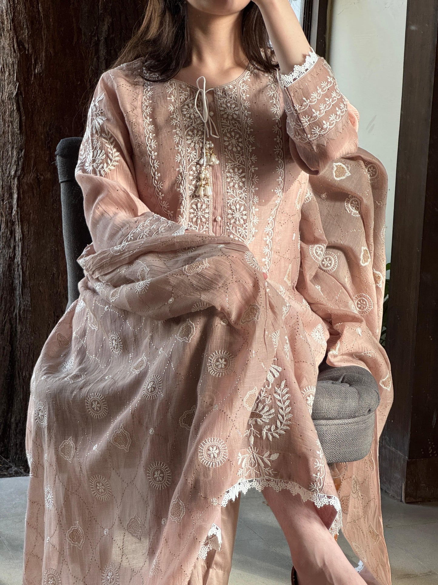 Nude Rose Mul Chanderi Mukaish Kamdani Chikankari Kurta Dupatta Set