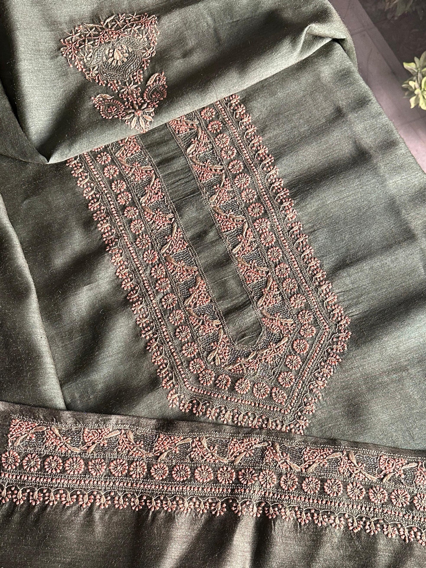 Olive Green Moonga Silk Chikankari Men’s Kurta Fabric