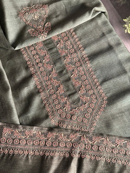 Olive Green Moonga Silk Chikankari Men’s Kurta Fabric