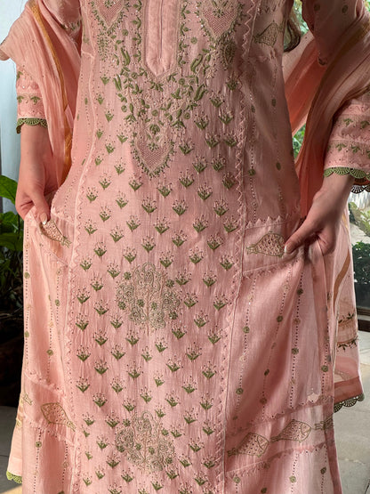 Applique Mahi Motif Soft Pink Mal Chanderi Chikankari Kurta Set