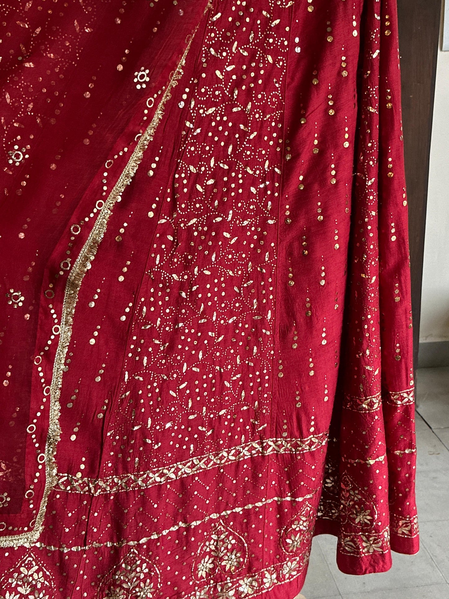 Red Moonga Silk Mukaish Badla Lehenga Set