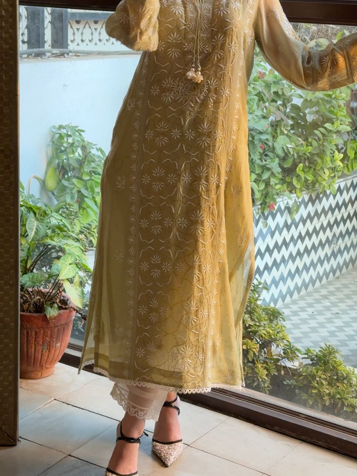Olive Green Mul Chanderi Mukaish Kamdani Chikankari Stitched Kurta Dupatta Set