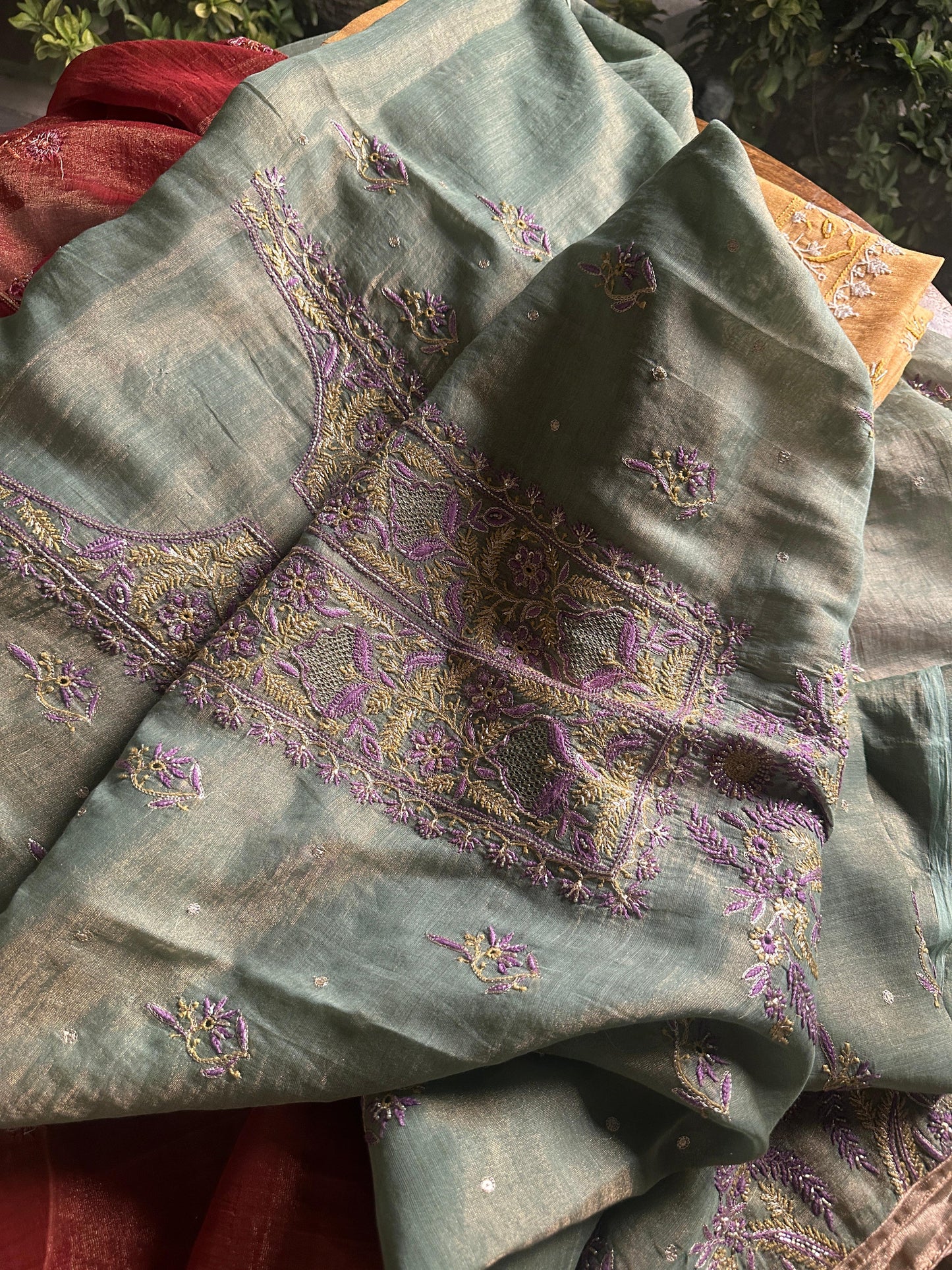 Sage Green & Purple Tissue Silk Chikankari Unstitched Fabric