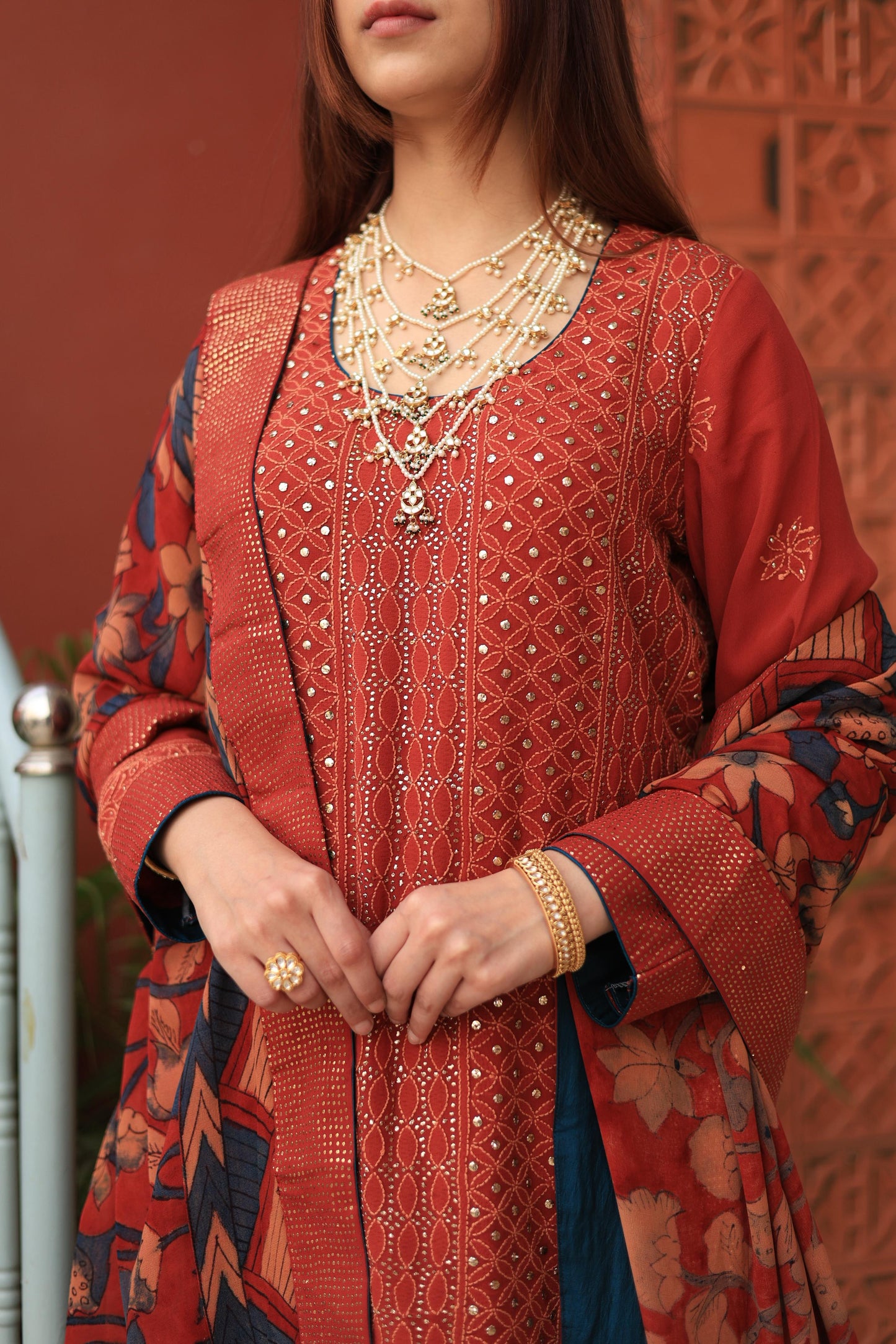 Madder Rust Red Chikankari Pure Georgette Kurta Gharara Set with Kalamkari Dupatta