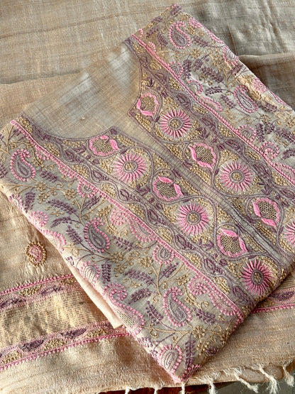 Natural Shade Tussar Silk Chikankari Fabric