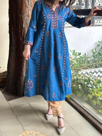 Blue & Maroon Handspun Malkha Chikankari Panel Tunic