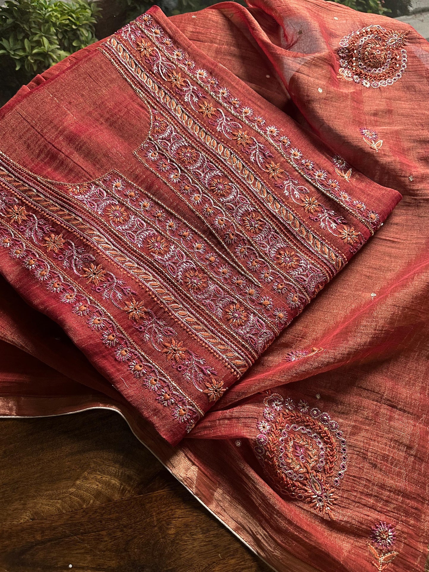 Red Tissue Silk Chikankari Unstitched Fabrics