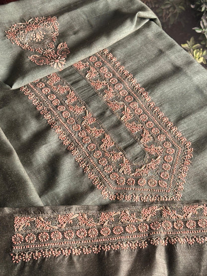 Olive Green Moonga Silk Chikankari Men’s Kurta Fabric