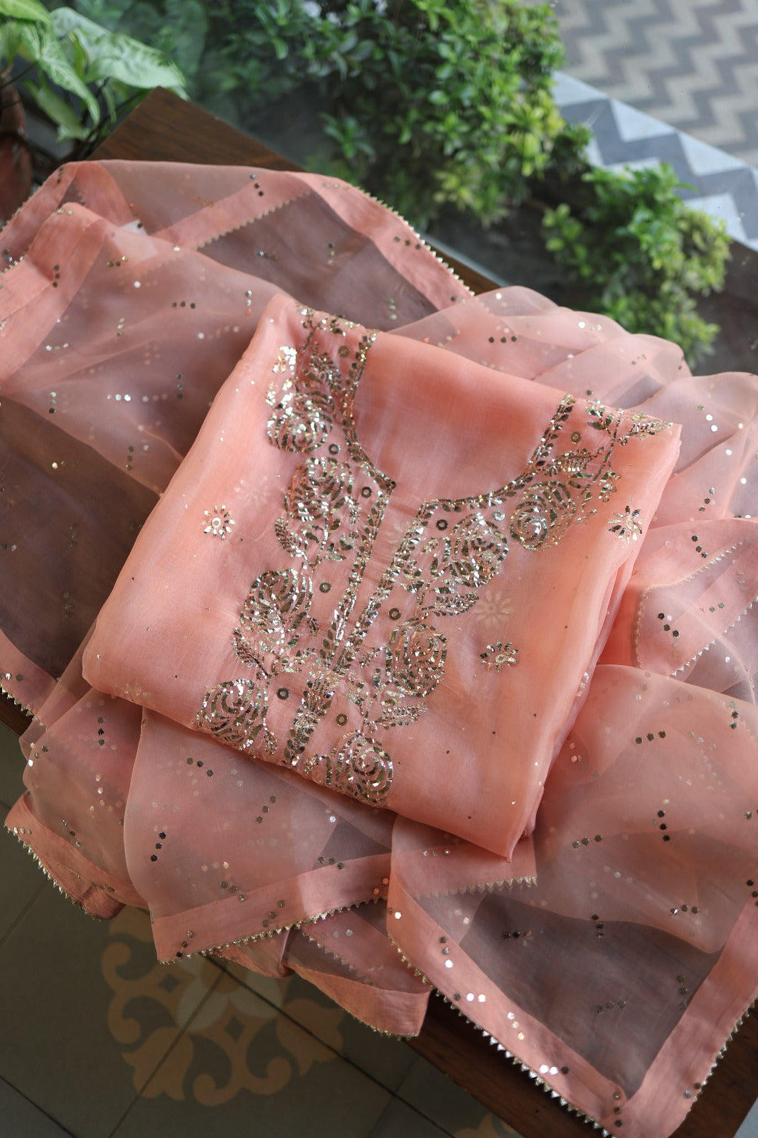 Coral Peach Shade Noor Organza Silk Badla Unstitched Kurta Dupatta Set