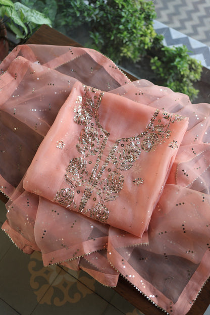 Coral Peach Shade Noor Organza Silk Badla Unstitched Kurta Dupatta Set