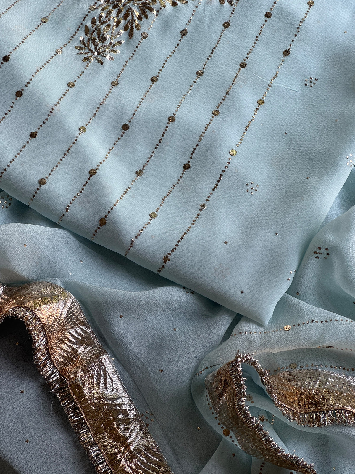 Powder Blue Mukaish Badla Pure Georgette Kurta Set