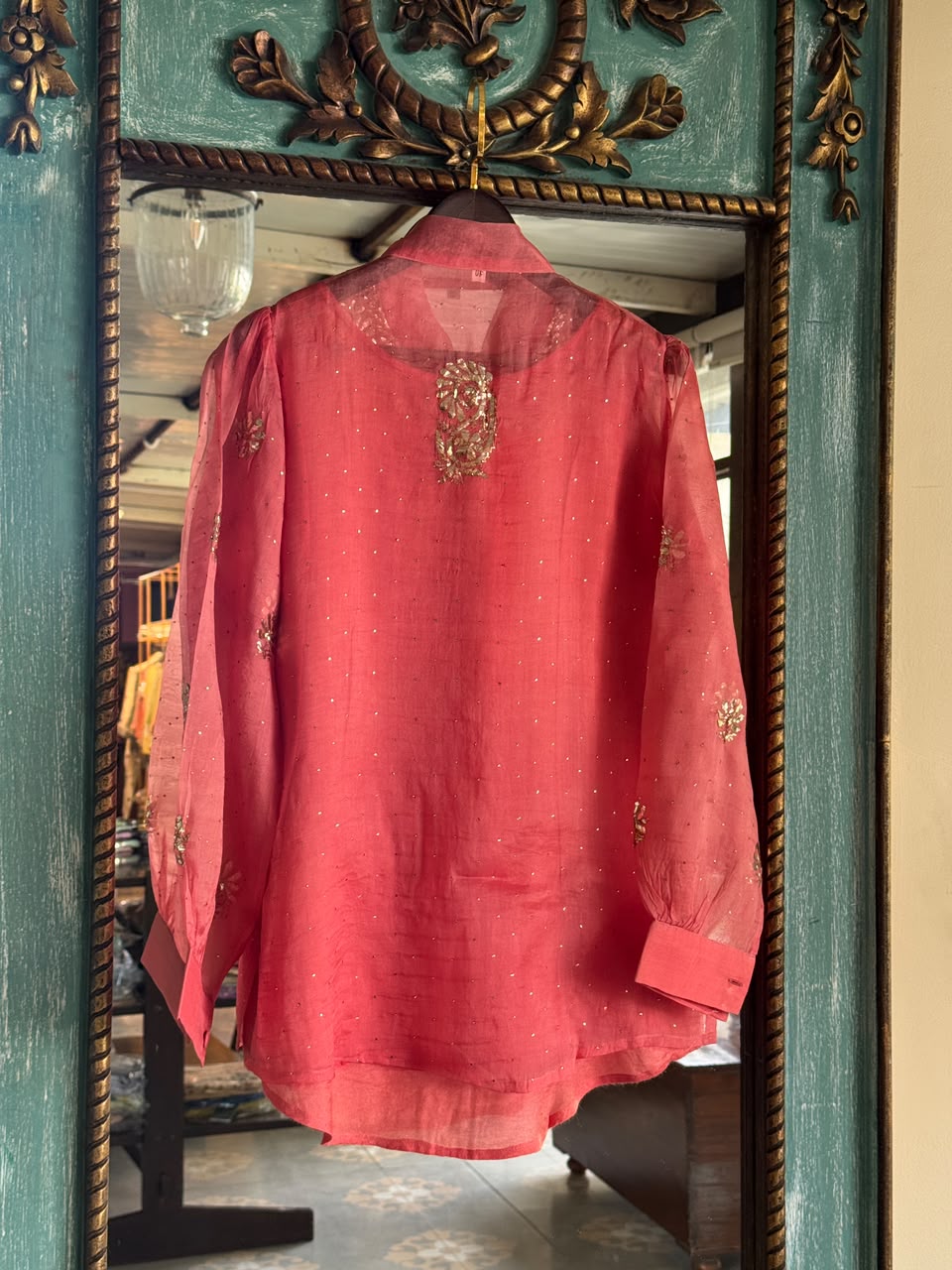 Carrot Pink Noor Organza Mukaish Badla Short Top With Bow Tie