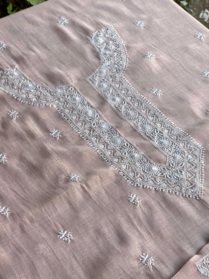 Pastel Peach Mulmul Chikankari Unstitched Men's Kurtas Fabric