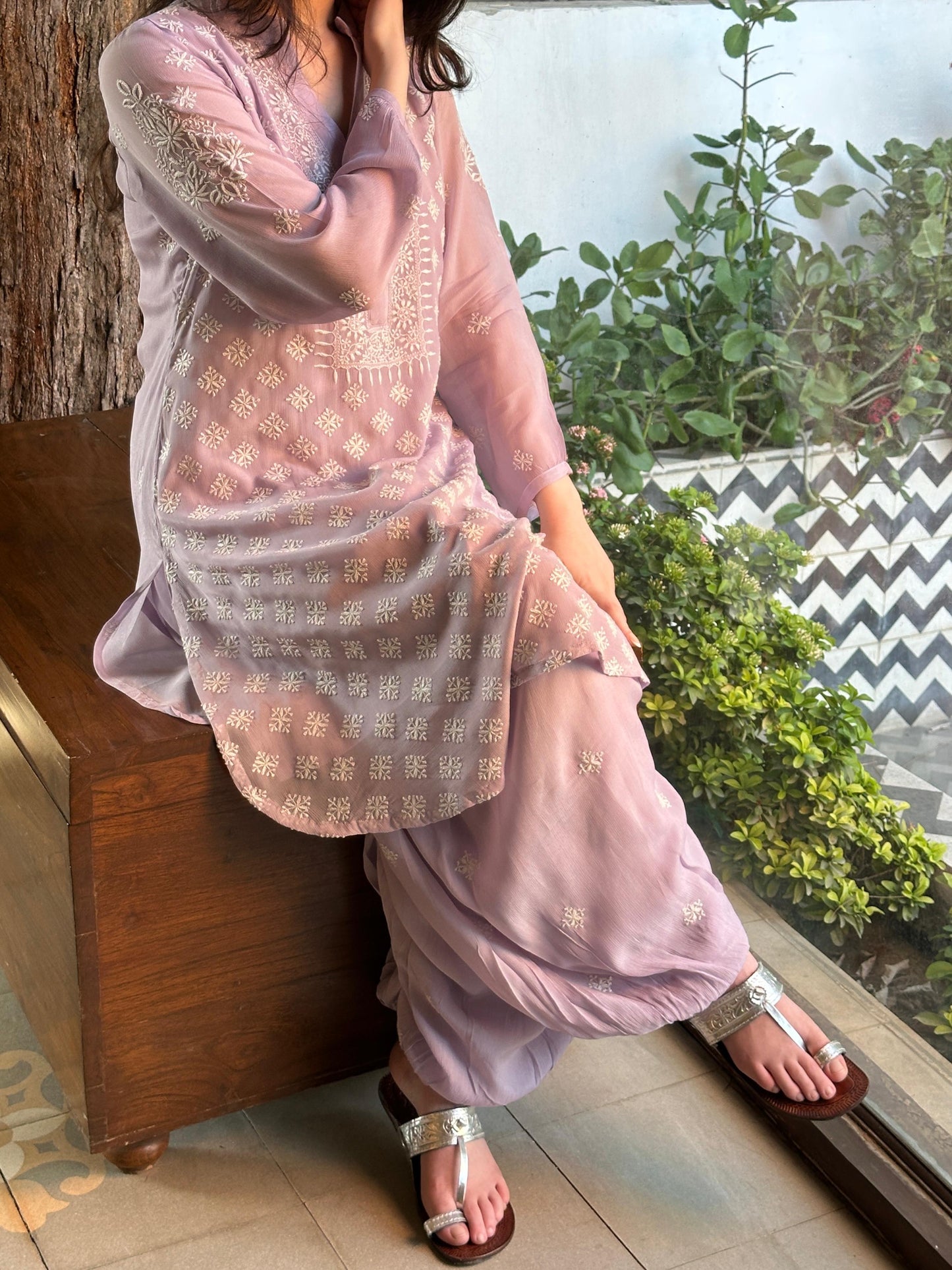 Lavender Chiffon Afghani Shalwar Chikankari Coord Set - Fine Chikankari Work