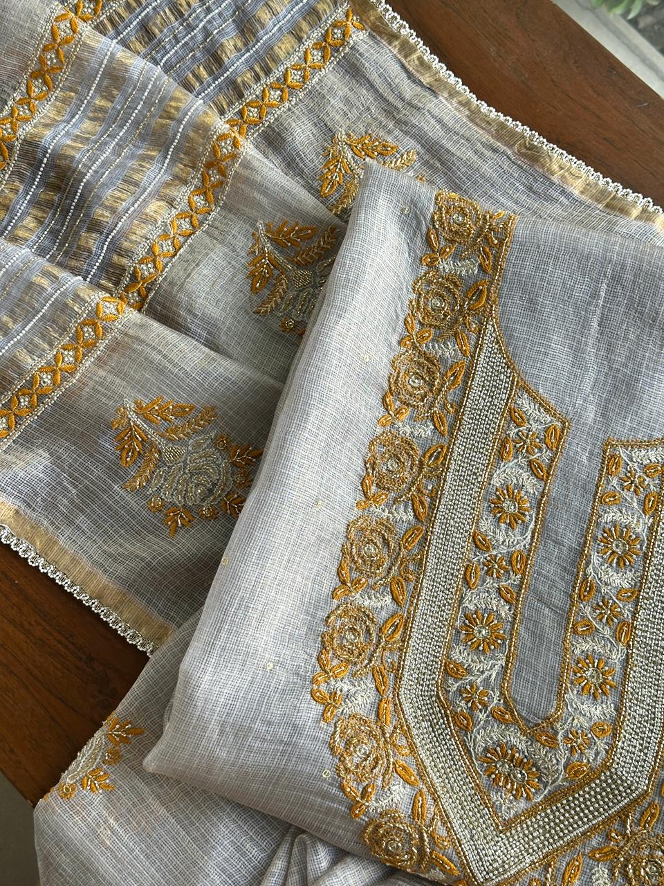 Grey & Mustard Shade Tissue Kota Chikankari Unstitched Fabric