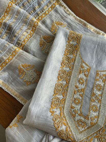 Grey & Mustard Shade Tissue Kota Chikankari Unstitched Fabric