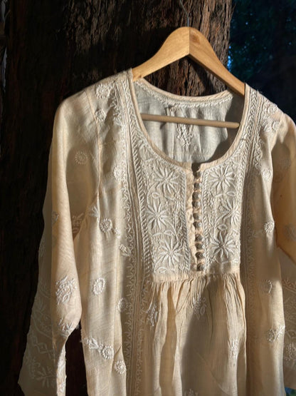 Natural Tussar Silk Chikankari Ready to Wear A Line Kurta