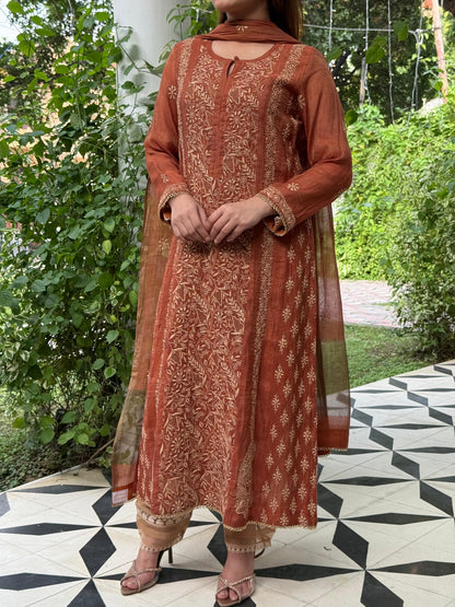 Rust Orange Tissue Silk Chikankari Straight Cut Kurta Dupatta Set
