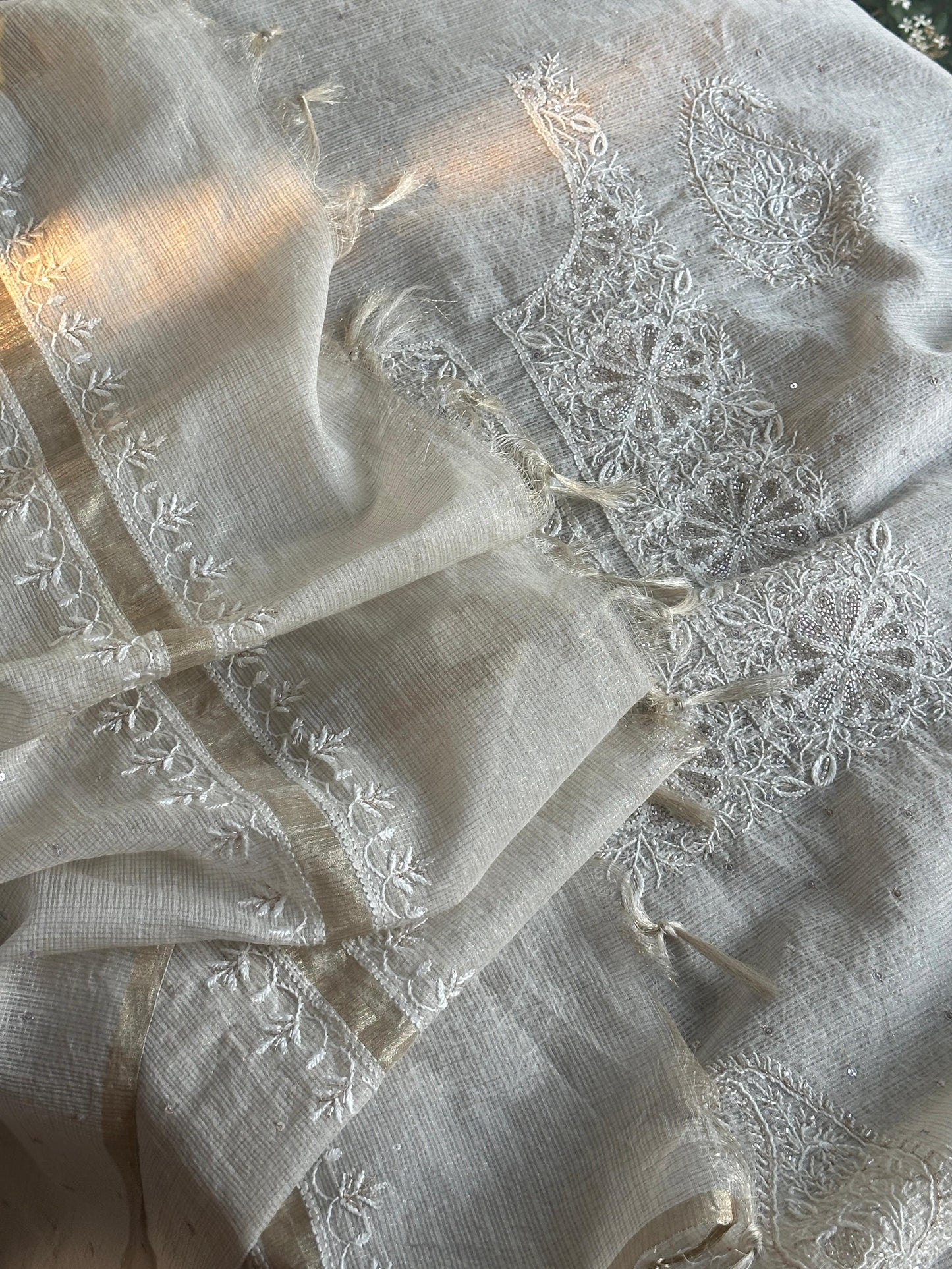 Off White Shade Tissue Zari Kota Chikankari Unstitched Fabric