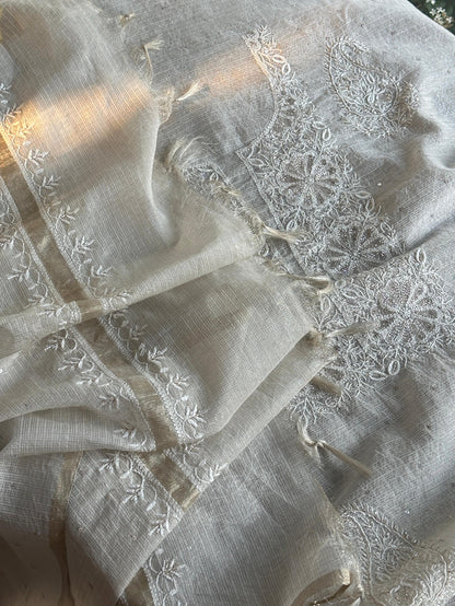 Off White Shade Tissue Zari Kota Chikankari Unstitched Fabric