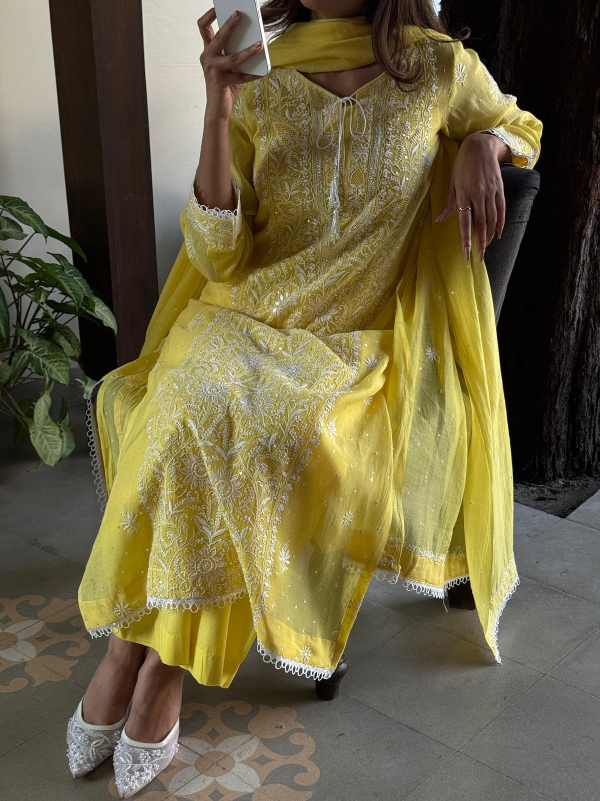 Yellow Shade Malmal Pearl White Chikankari Ready to Wear Kurta Set