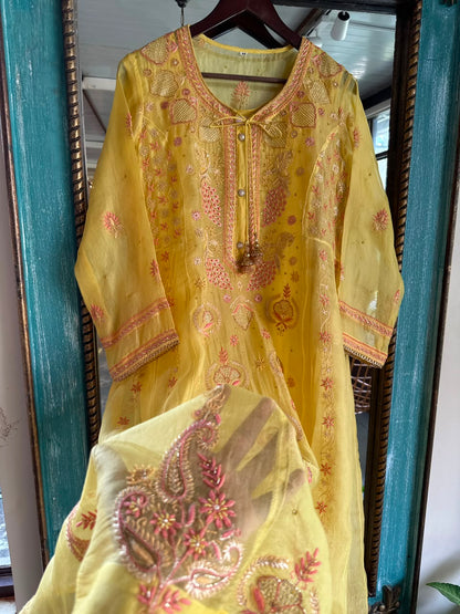 Saffron Mango Shade Noor Organza Chikankari Anarkali
