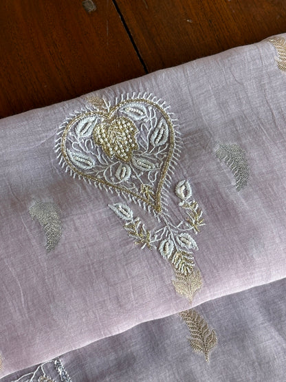 Lavender Shade Banarasi Zari Chanderi Unstitched Chikankari Fabric