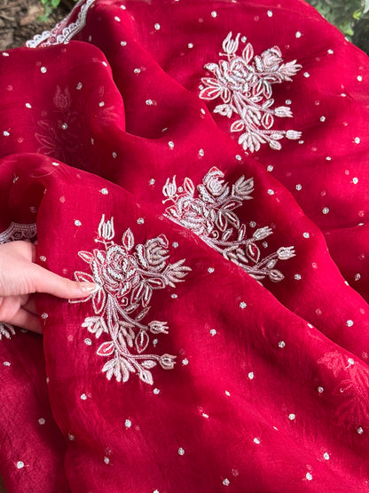 Noor Wine Red Organza Cutwork Chikankari Saree