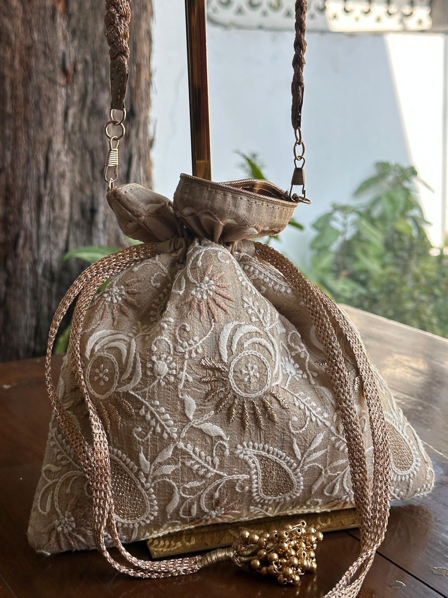 Natural Beige Raw Silk Chikankari Polti Bag