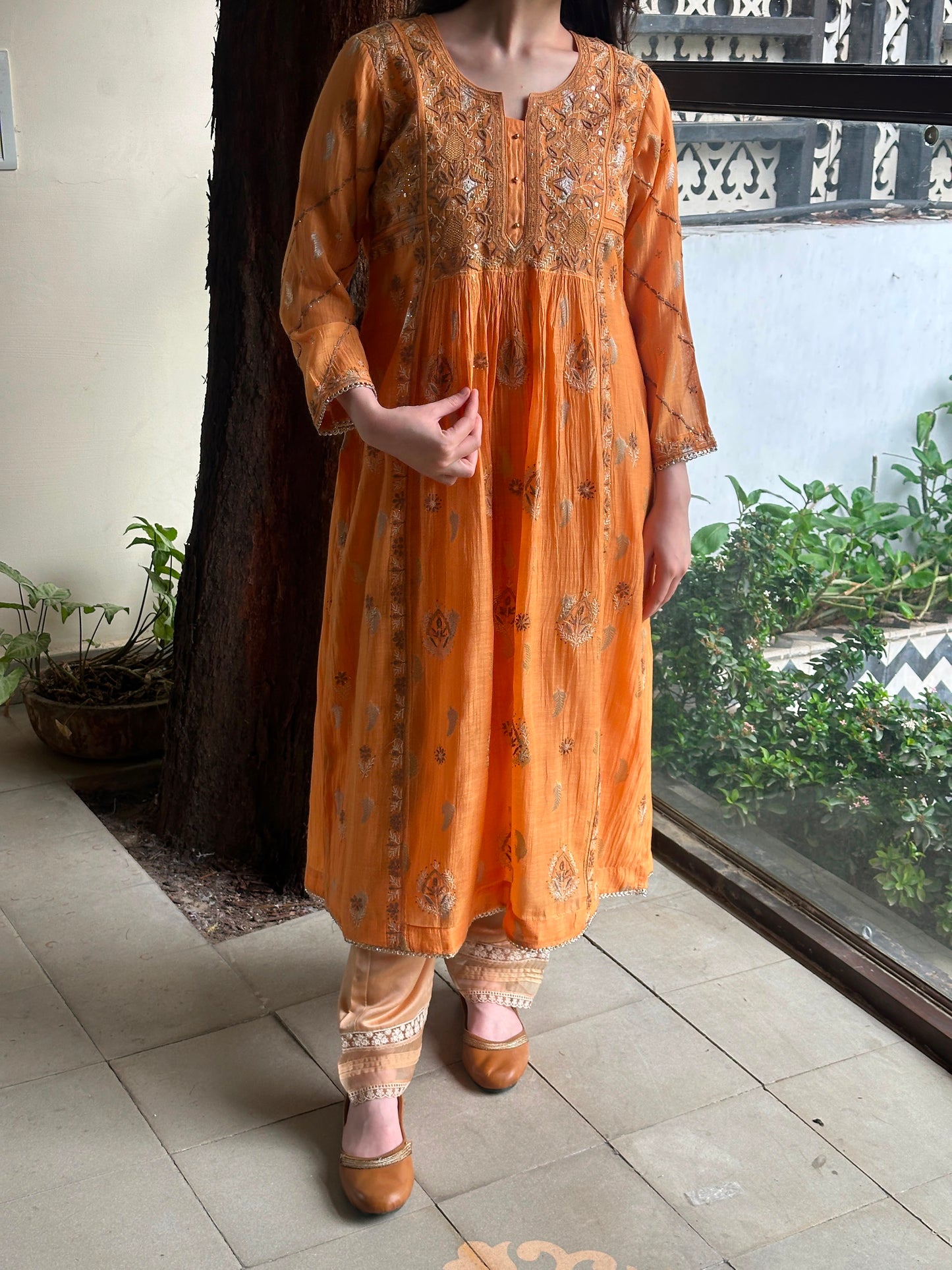 Orange Zari Chanderi Chikankari Ready to Wear Tunics