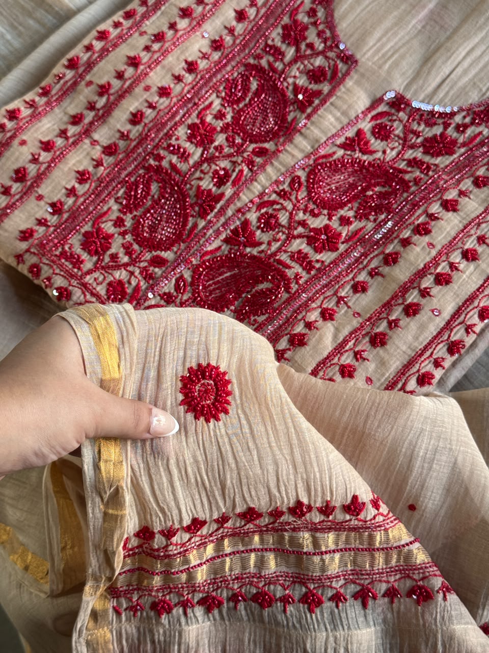 Beige & Red Mal Chanderi Silk Chikankari With Sequins Unstitched Kurta Dupatta Set