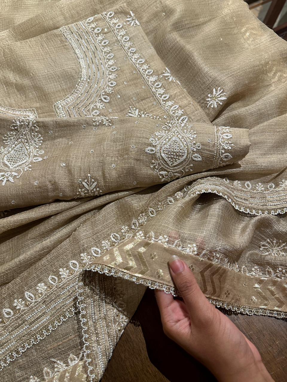 Beige Rasm Tussar Kota Chikankari Unstitched Chikankari Fabric