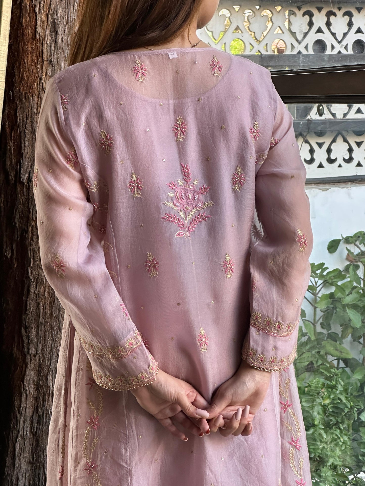 Mauve Pink Shade Noor Organza Chikankari A Line Kurta With Dupatta