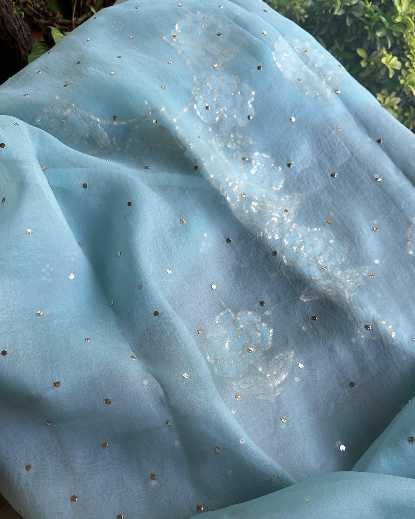 Blue Noor Organza Silk Mukaish Pearl Chikankari Unstitched Fabric
