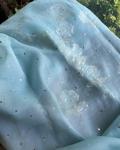 Blue Noor Organza Silk Mukaish Pearl Chikankari Unstitched Fabric