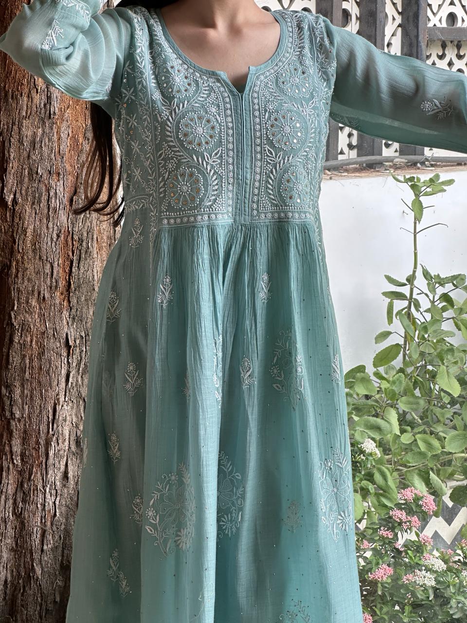 Light Blue Shade Malmal Mukaish Kamdani Chikankari Ready to Wear
