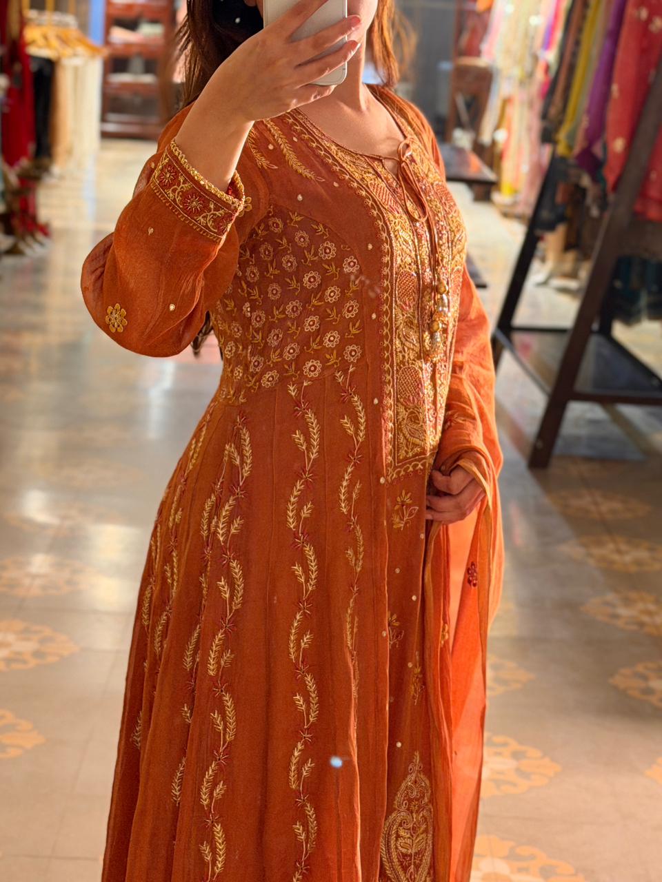 Rust Orange Shade Tissue Silk Chikankari Anarkali With Ari Work