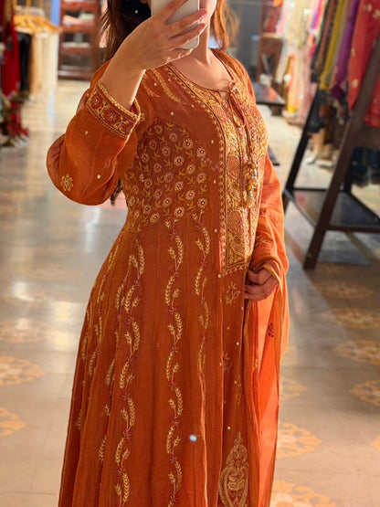 Rust Orange Shade Tissue Silk Chikankari Anarkali With Ari Work