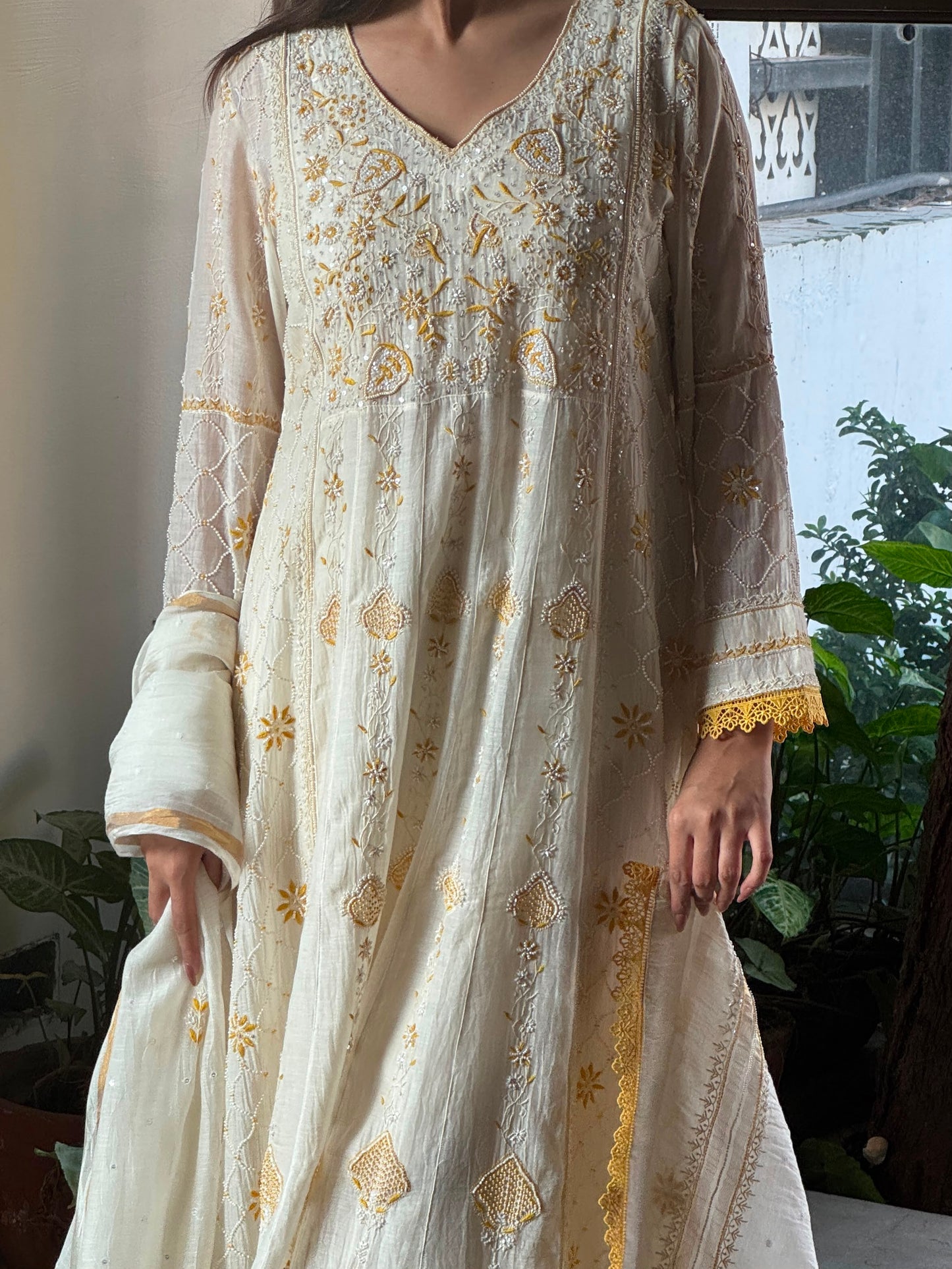 Off White & Yellow Malmal Pearl Work Chikankari Kalidar Kurta Set