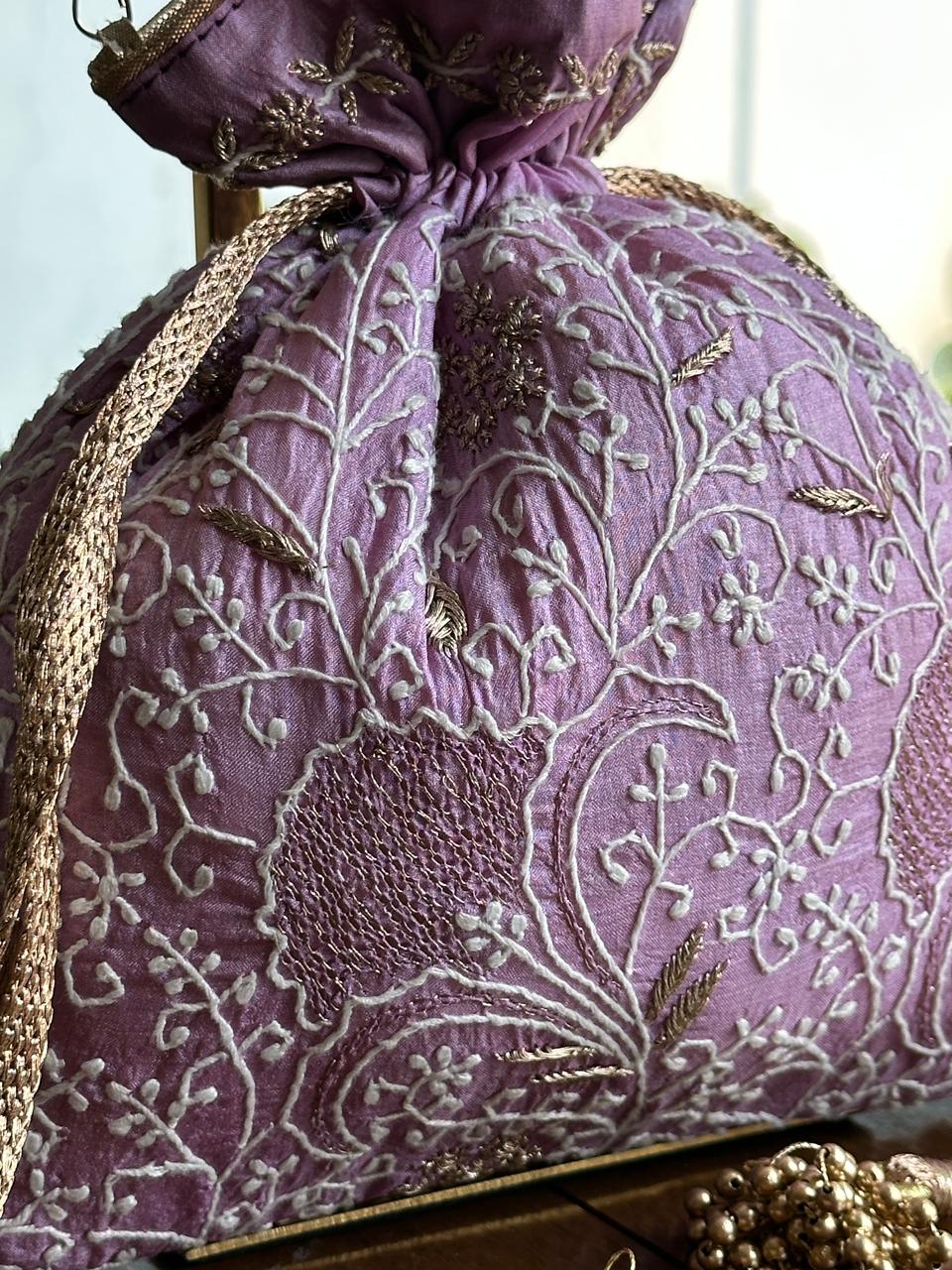 Lavender Raw Silk Chikankari Polti Bags