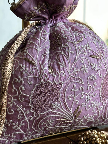 Lavender Raw Silk Chikankari Polti Bags