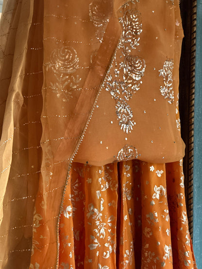 Saffron Shade Foil Print Organza Chikankari Sharara Set