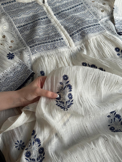White Melon | Malmal Mukaish Kamdani Chikankari Stitched Kurta Dupatta Set