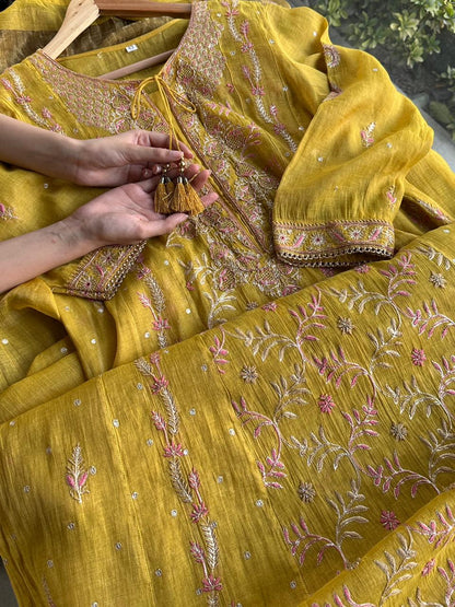 Yellow Shade Tissue Silk Chikankari Anarkali With Ari Work