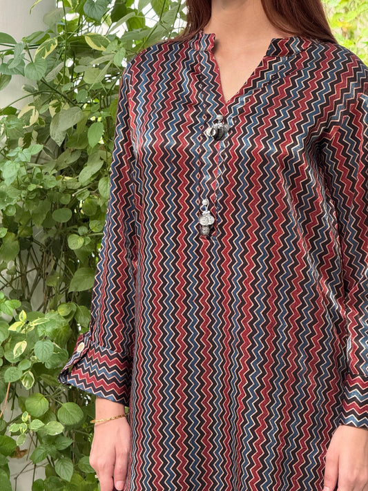 Ajrak Multi Shade Mashru Silk, Short Kurta