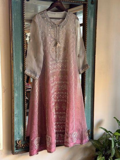 Grey & Pink Ombre Shade Noor Organza Chikankari Anarkali